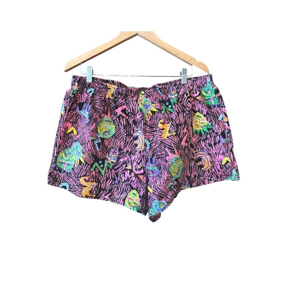 FREE STYLE Vintage 80s Neon Abstract Print Swim Trunks Elastic Waist Lined Rad